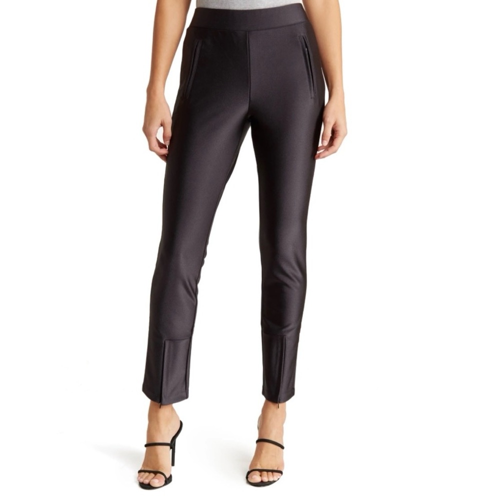 Good American boss zip bootcut pants shiny black size 0/25.